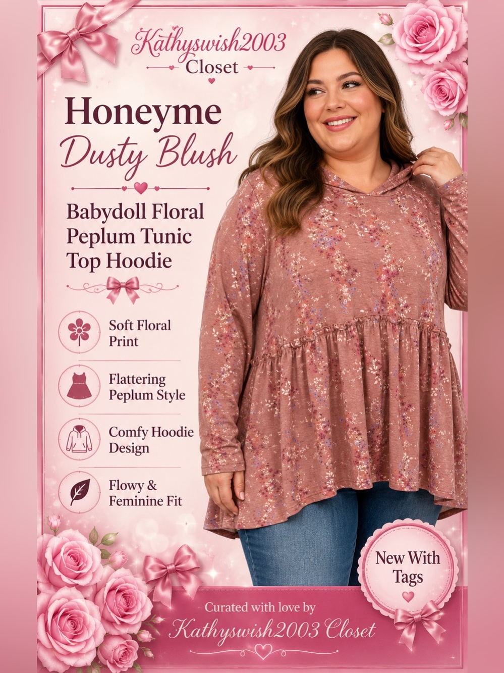 Honeyme Dusty Blush Babydoll Floral Peplum Tunic Top Hoodie